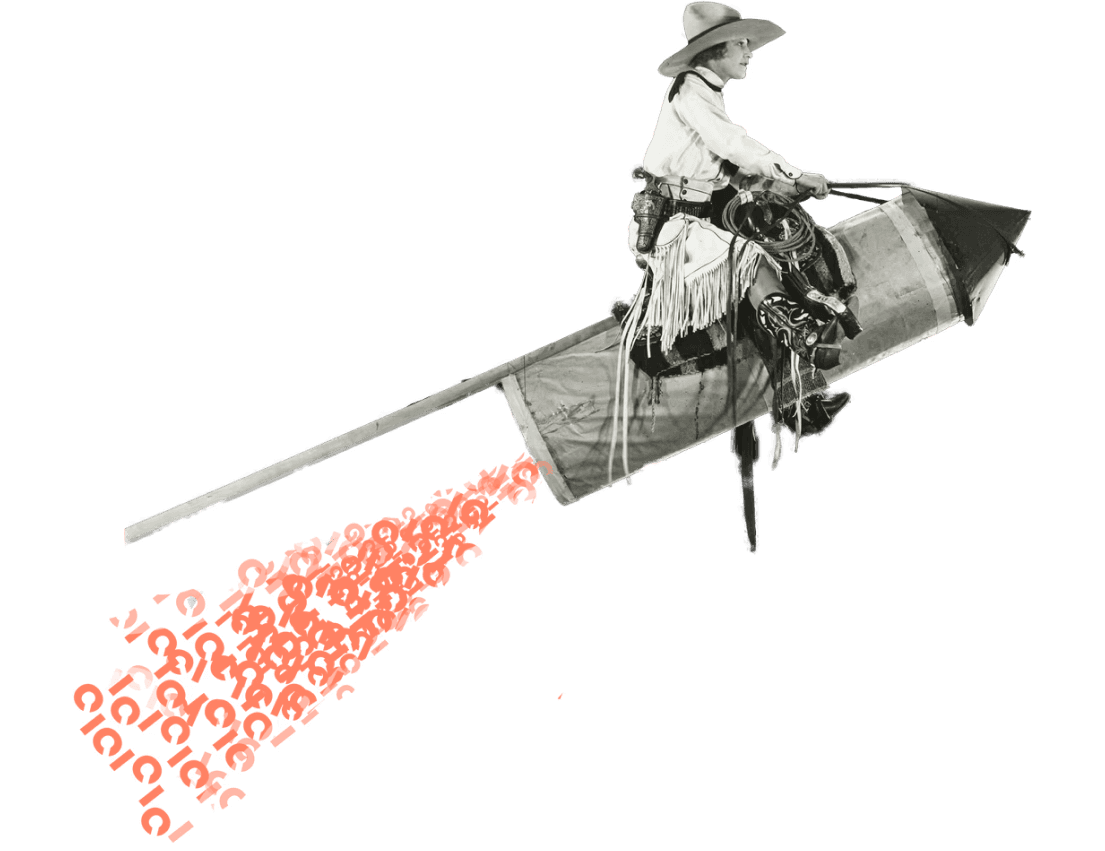 Frau sitzt auf einer Rakete und fliegt davon