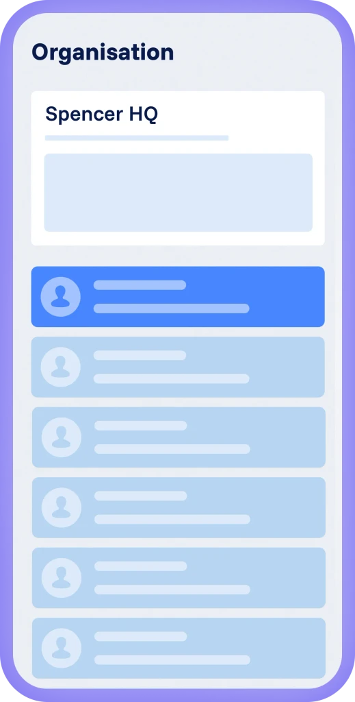 Spencer mobile interface with organization page, Spencer HQ, and a list of employee profiles in a clear layout