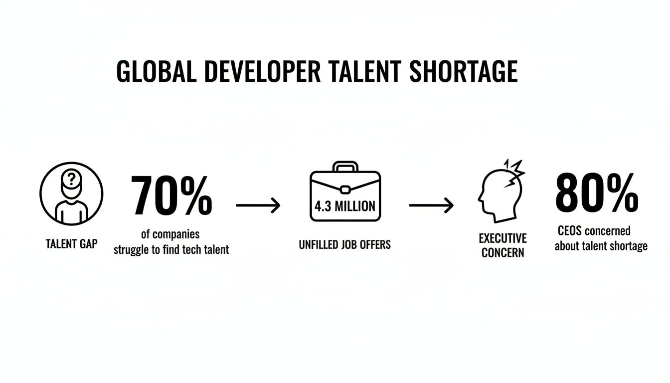Infographic showing global developer talent shortage, with 70% companies struggling and 4.3 million unfilled jobs.