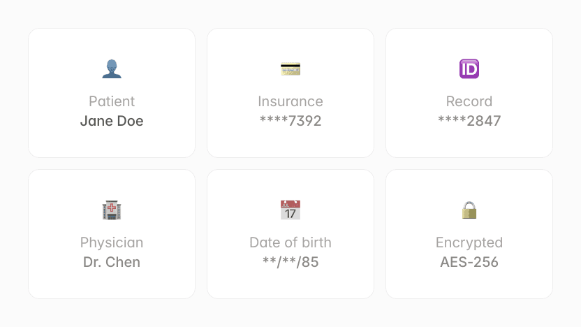 Patient Jane Doe, Insurance ****7392, Record ****2847, Physician Dr. Chen, DOB **/**/85, Encrypted AES-256