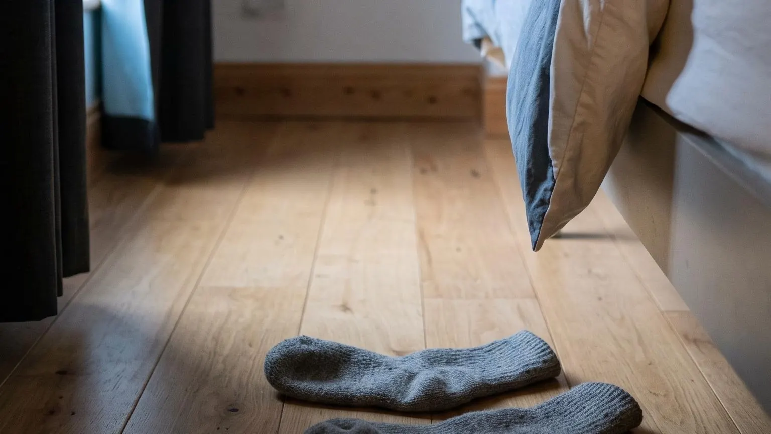 Woollen socks on bedroom floorboards at first light, the foot of a bed beyond