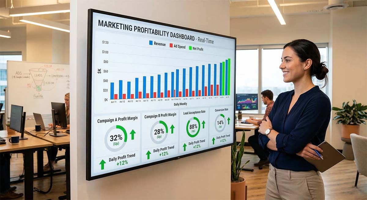 Pay per lead marketing agency real-time profitability dashboard showing revenue, ad spend, and profit margins