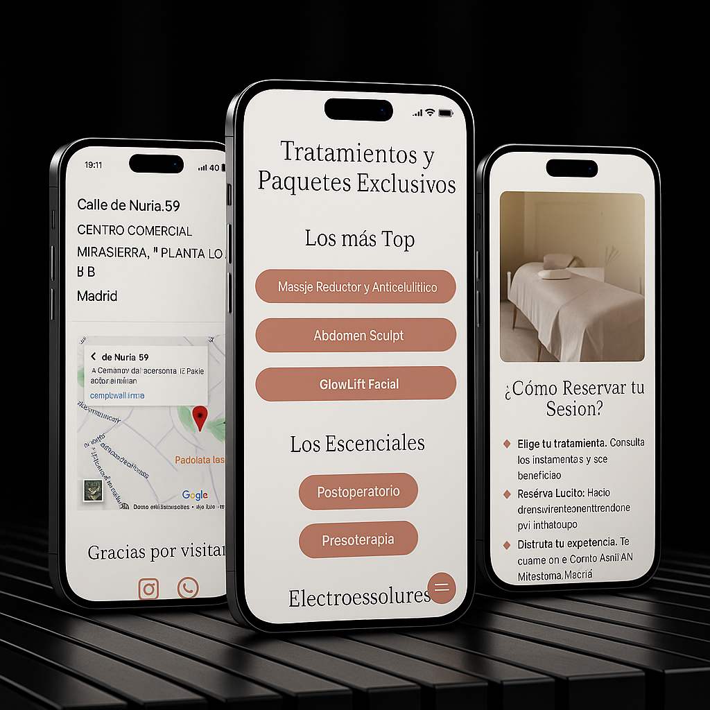 3 iphoe mockups mostrando la ux de la we y colocados sobre una rejilla negra