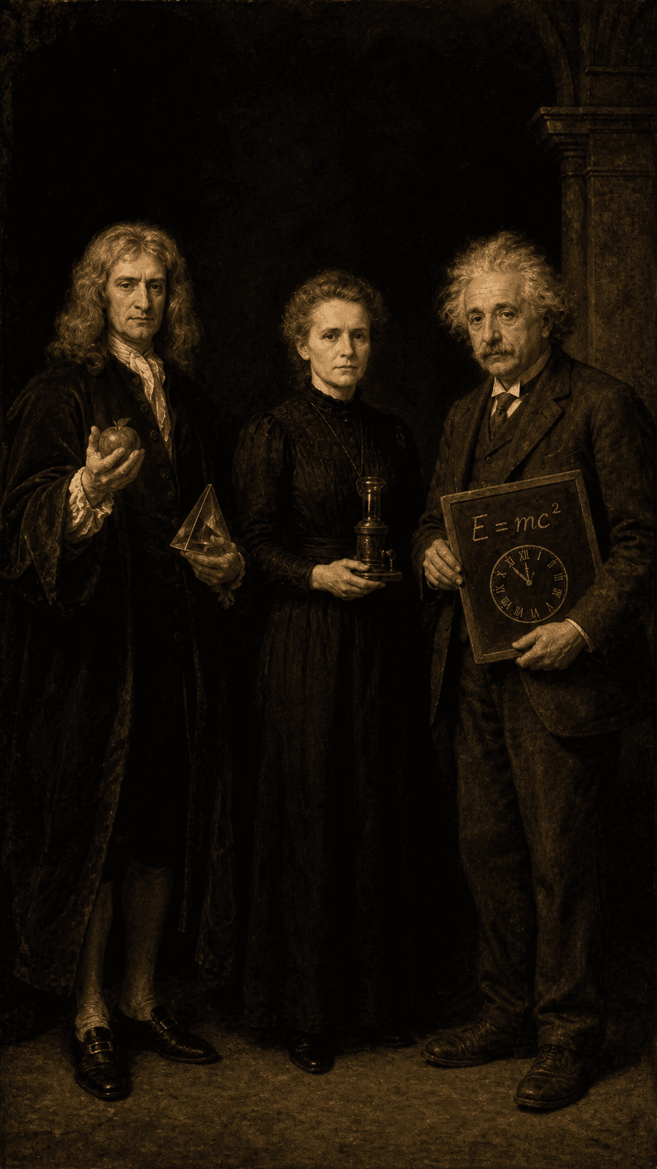 Isaac Newton, Marie Curie, Albert Einstein