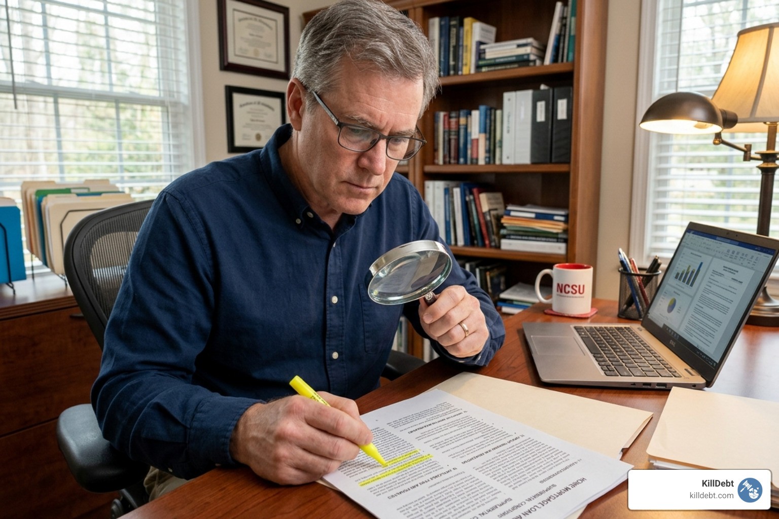 Consumer carefully reviewing a loan contract for default triggers and fee clauses - auto repossession debt suit defense