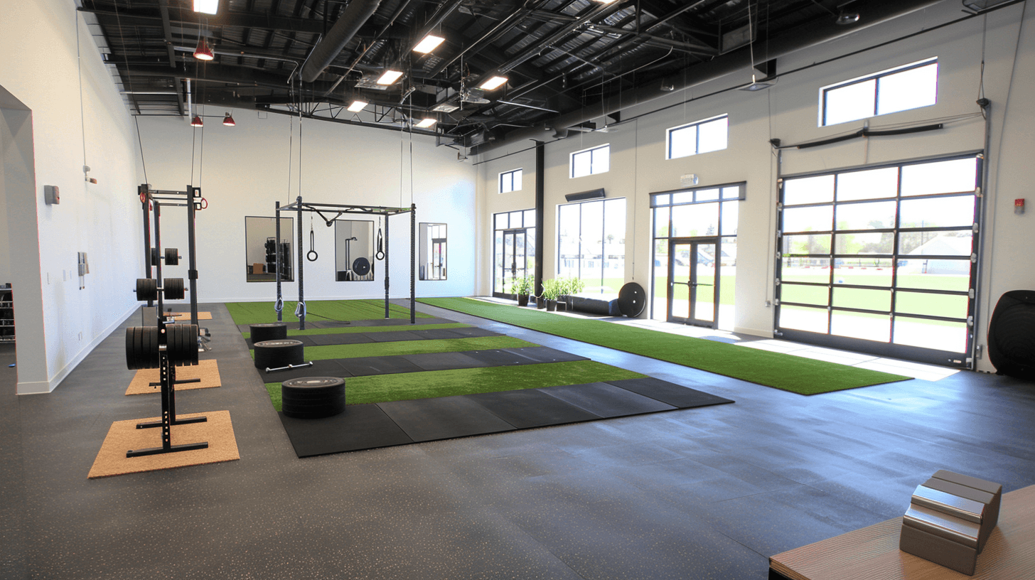 Modern sports rehab and performance training facility with turf lanes, squat racks, and open gym space—ideal for functional movement and strength rehab programs.