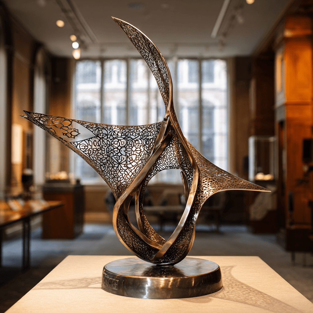 A large metal sculpture displayed on a table, showcasing intricate design and craftsmanship.