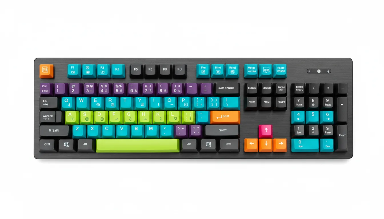 DSLR product photography of a specialized full-size computer keyboard for Autodesk Maya, top-down flat-lay view. The keyboard has a dark brushed-metal chassis and is isolated against a stark white background. Shot under soft, even studio lighting, the keycaps are intricately detailed with multi-colored overlays representing software hotkeys. The color-coded sections are vibrant, featuring teal, lime green, deep purple, hot pink, and orange. Each colored key is covered with crisp, high-contrast white icons and abstracted text labels. Ultra-high resolution with sharp focus across the entire object.