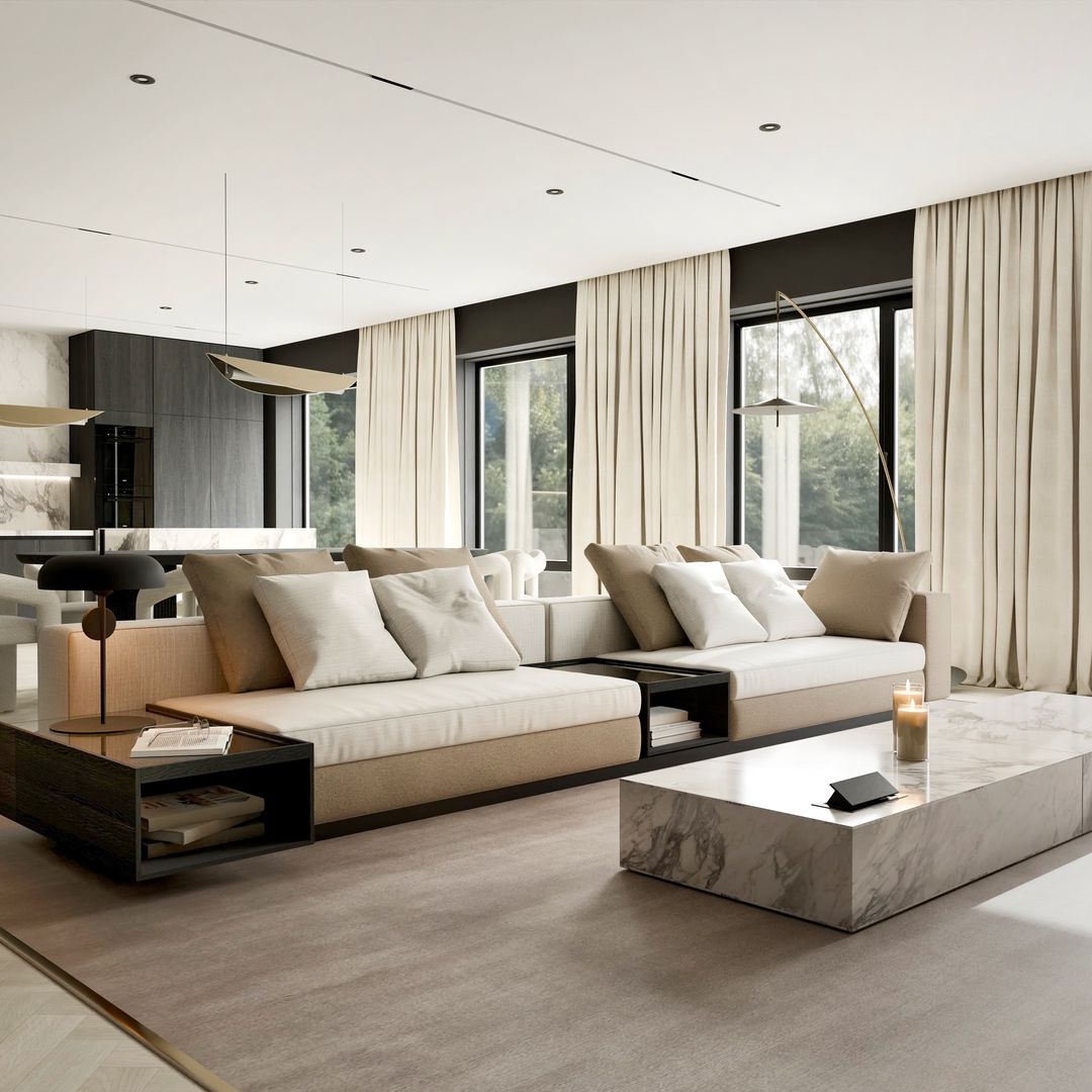 open and fresh, caming living room with beige sofas