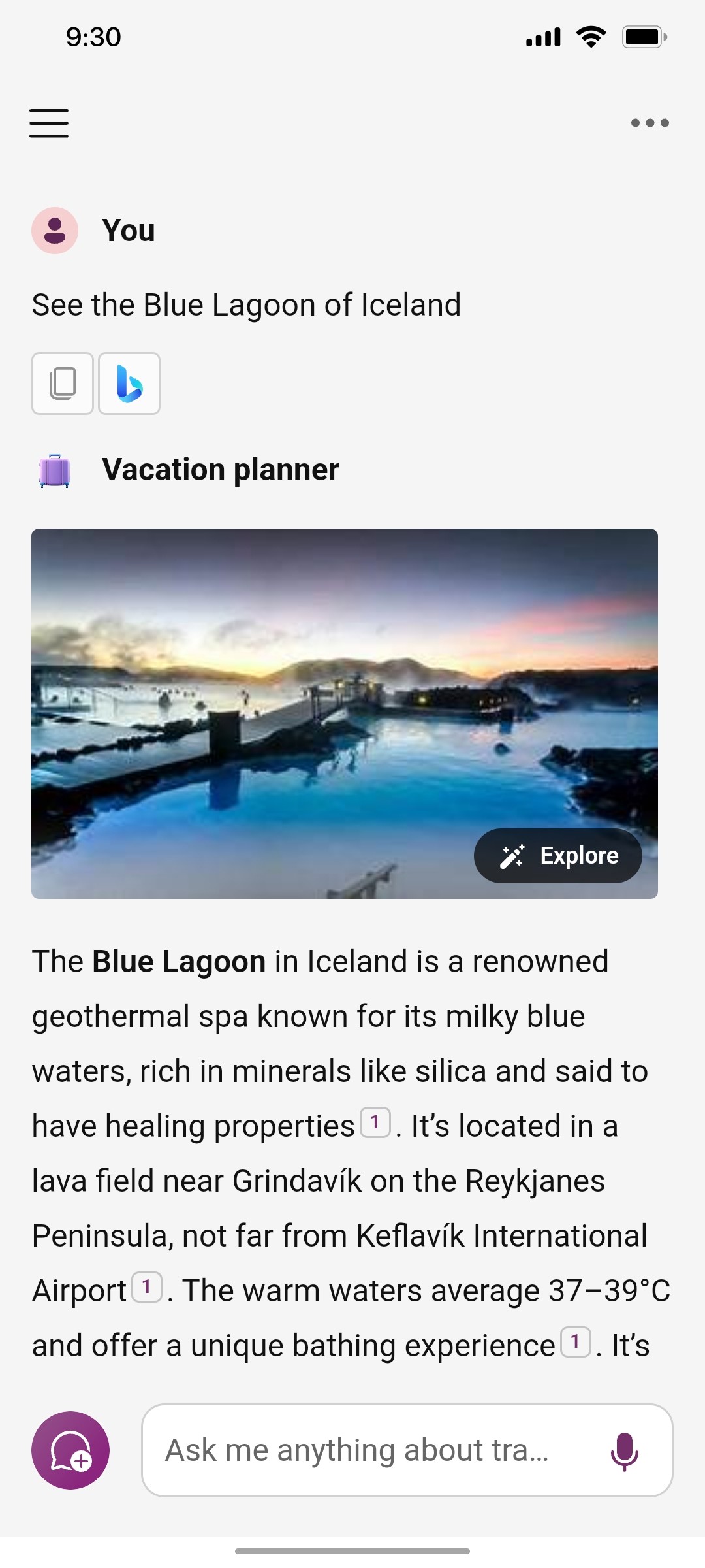 Microsoft copilot Vacation planner chat planning screen