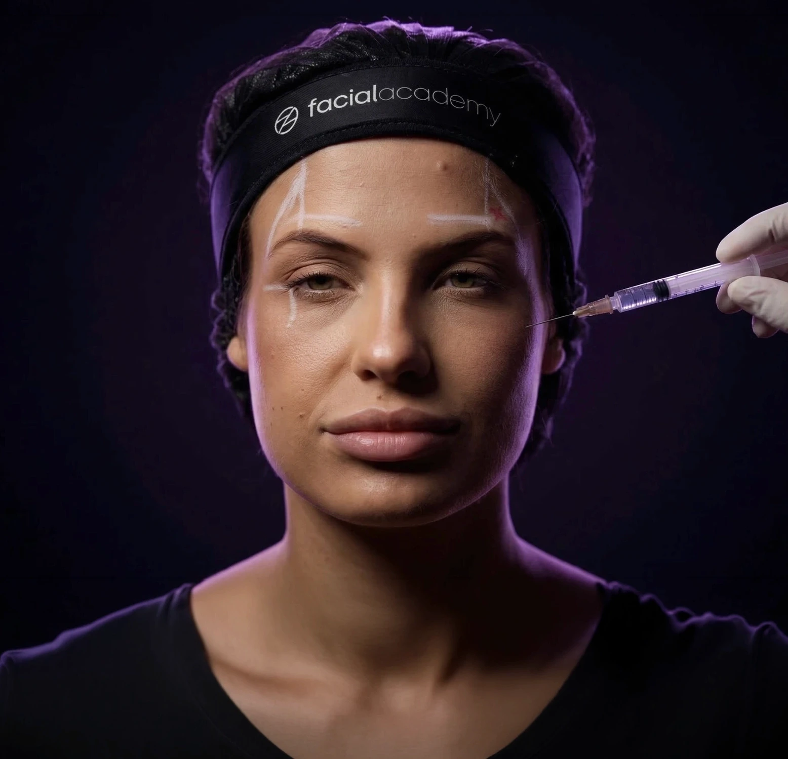 fotografia clínica em close-up de uma demonstração de procedimento injetável facial. Uma mão com luva segura uma seringa próxima à bochecha de uma mulher para injeção de preenchedor dérmico ou toxina botulínica. A paciente usa uma touca cirúrgica preta e uma faixa de cabeça de treinamento da '© facialacademy', com marcações clínicas brancas e vermelhas detalhadas desenhadas na testa, área entre as sobrancelhas e ao redor do olho esquerdo para planejamento de tratamento estético facial. Fundo escuro de estúdio.