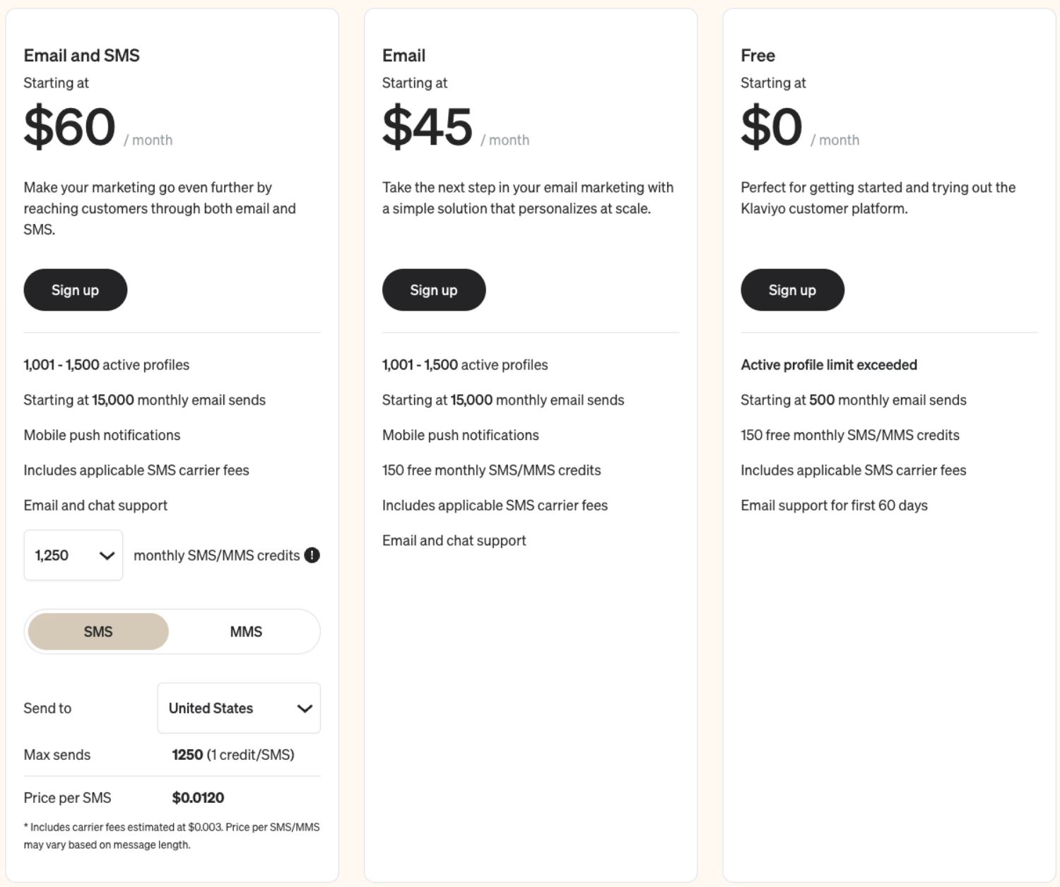 Klaviyo Pricing Plans Alt Text: "Klaviyo pricing plans comparison showing free, email-only, and email + SMS options. The plans outline features like active profile limits, monthly sends, mobile push notifications, and SMS credit costs."