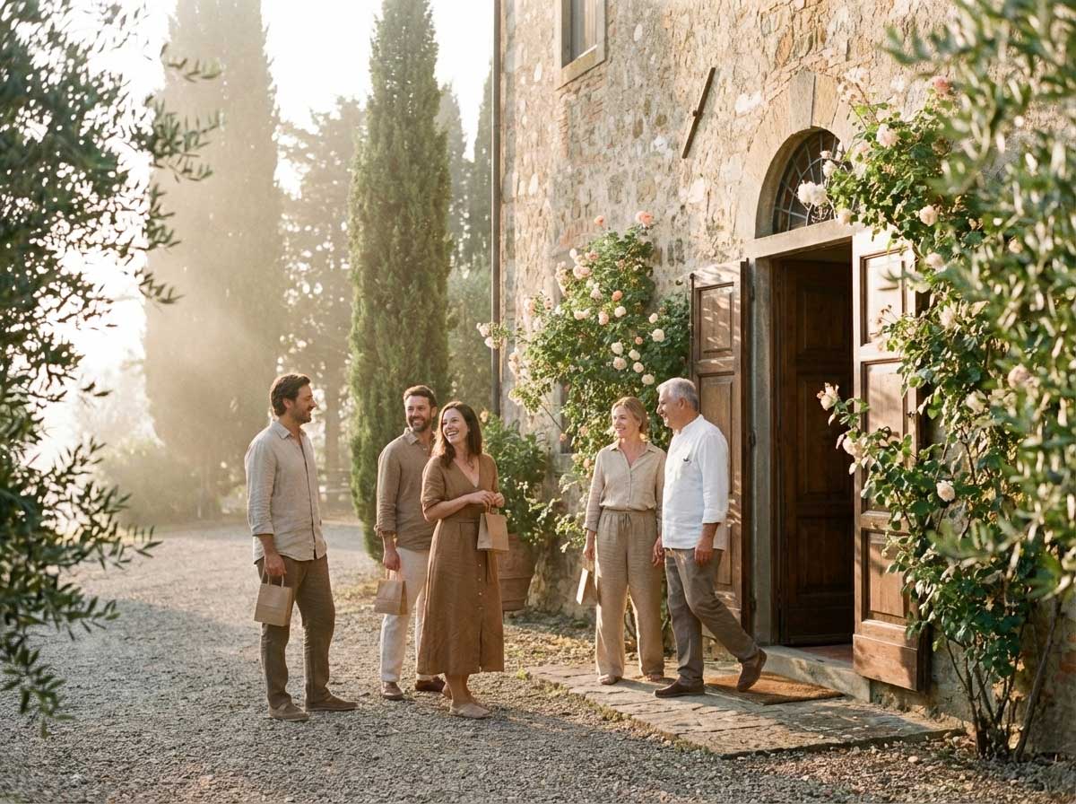 A group of people gather outside a rustic stone building surrounded by lush greenery and flowering plants, bathed in warm, natural sunlight, capturing a serene and welcoming ambiance.