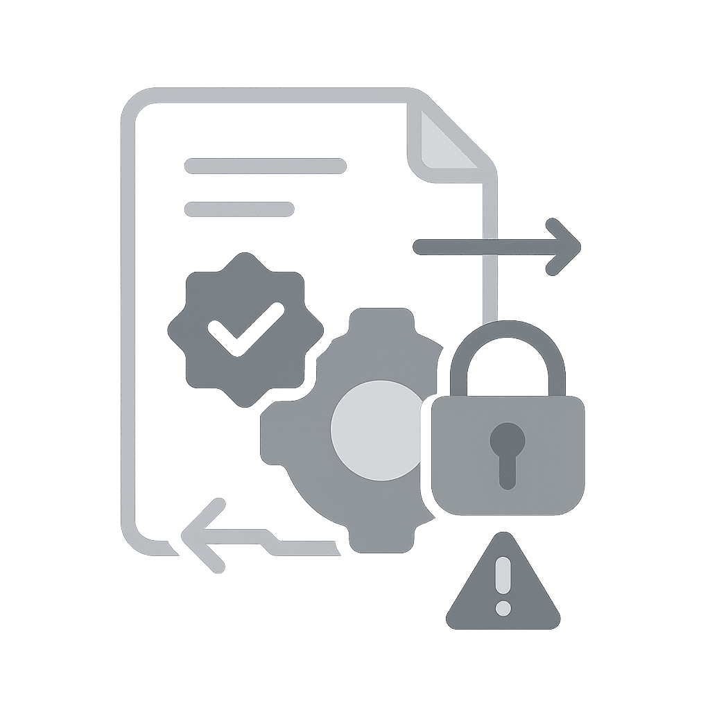 Grayscale-Vektorgrafik eines Dokuments mit Häkchen-Badge und einem Vorhängeschloss daneben. Abstrakte Linien deuten gesetzliche Kontrolle und Datenschutzrichtlinien an.