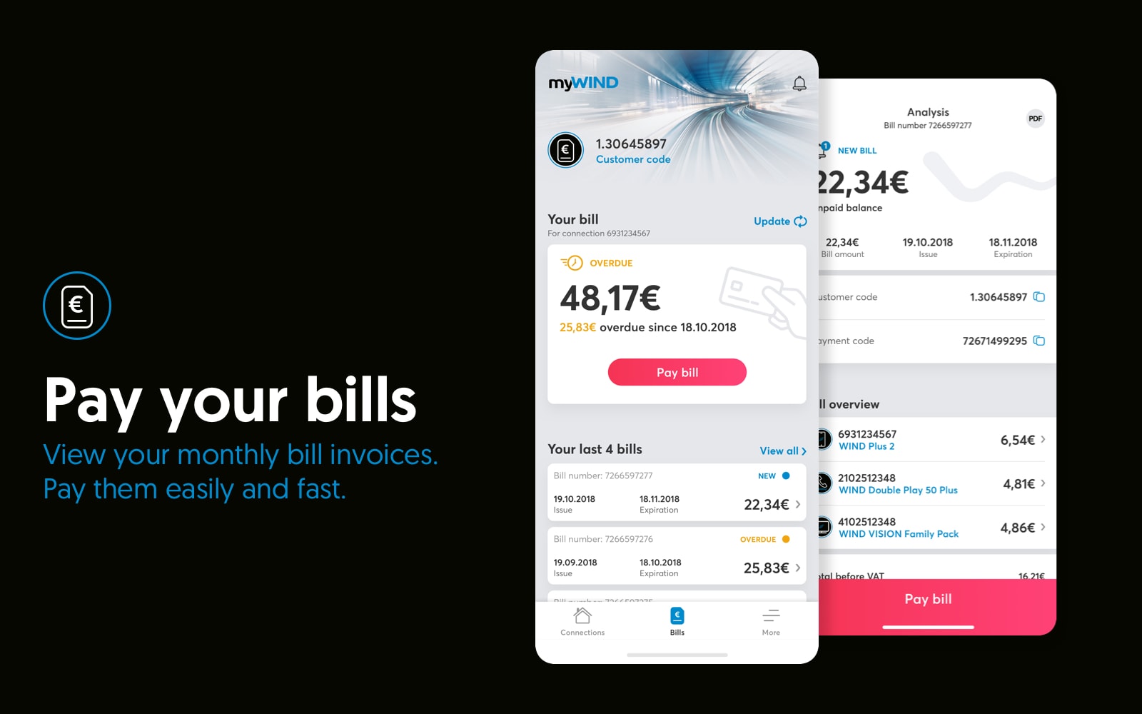 NOVA mobile app displaying bill summary, invoice details, and billing analysis