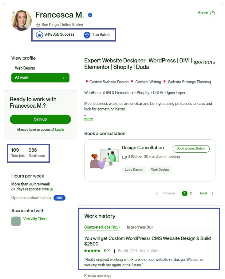 screenshot from upwork on a freelancer's profile