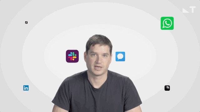 Animation of a man speaking in front of a grid of social media and messaging app icons