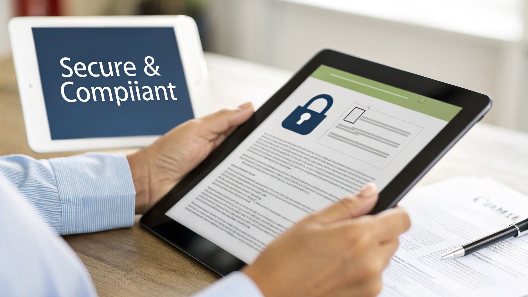 Hands holding a tablet displaying a secure document with a padlock icon, illustrating data compliance.