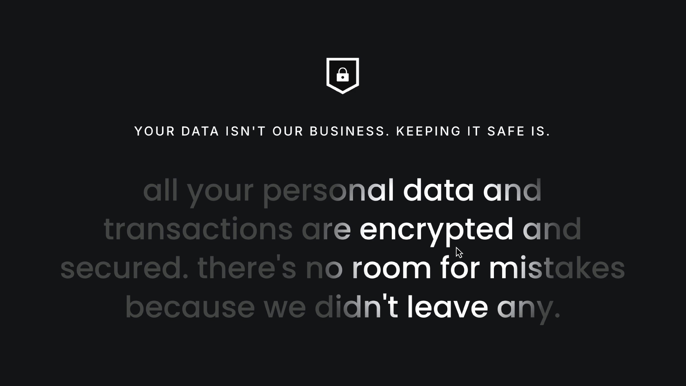 Security-focused message emphasizing encrypted personal data and transactions with a shield lock icon