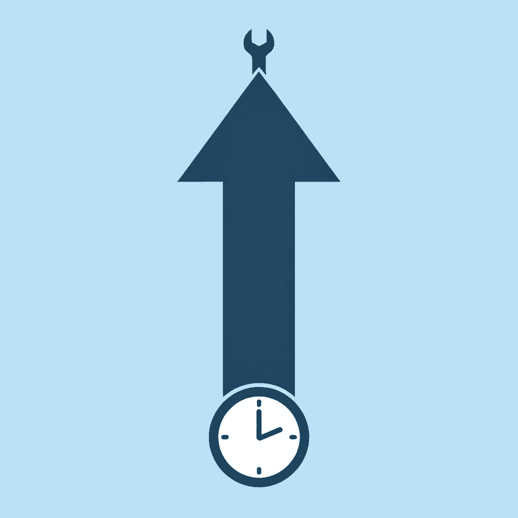 Upward arrow showing improvement from lengthy troubleshooting sessions to quick task completion - AI Document Review