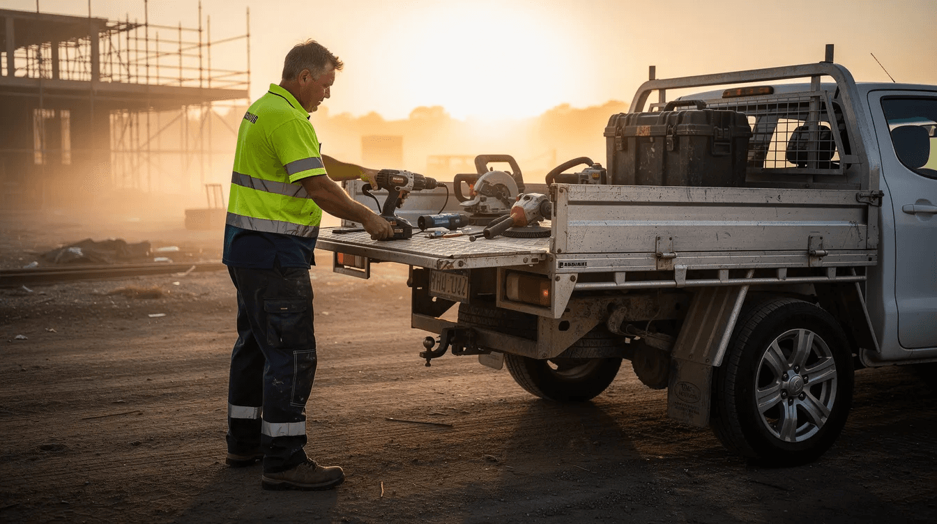 A tradie in high-visibility gear is loading power tools into the aluminium tray of a dual cab ute at dawn, preparing for a day of work. This scene highlights the importance of a reliable work vehicle for service businesses, emphasizing the need for securing ute finance to support their operations.