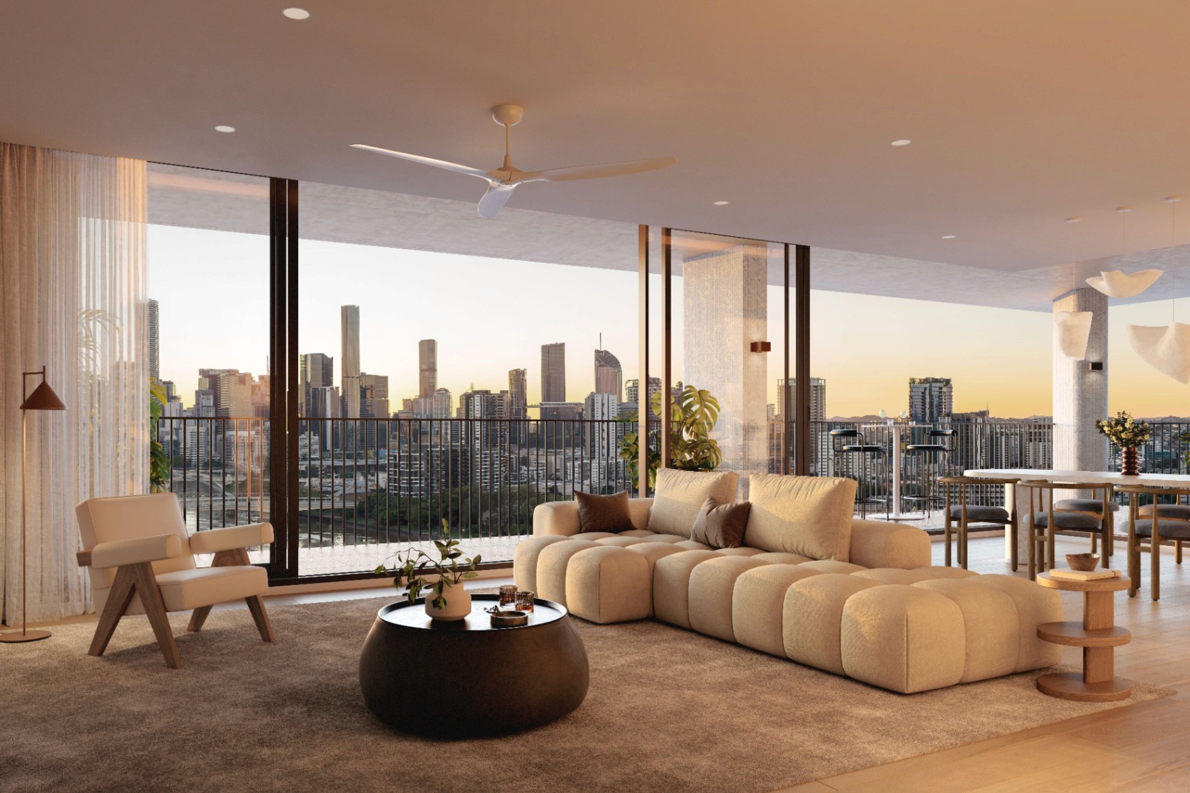 Spacious living area with balcony and Brisbane skyline views at Quartet Milton, luxury apartment interior with natural light