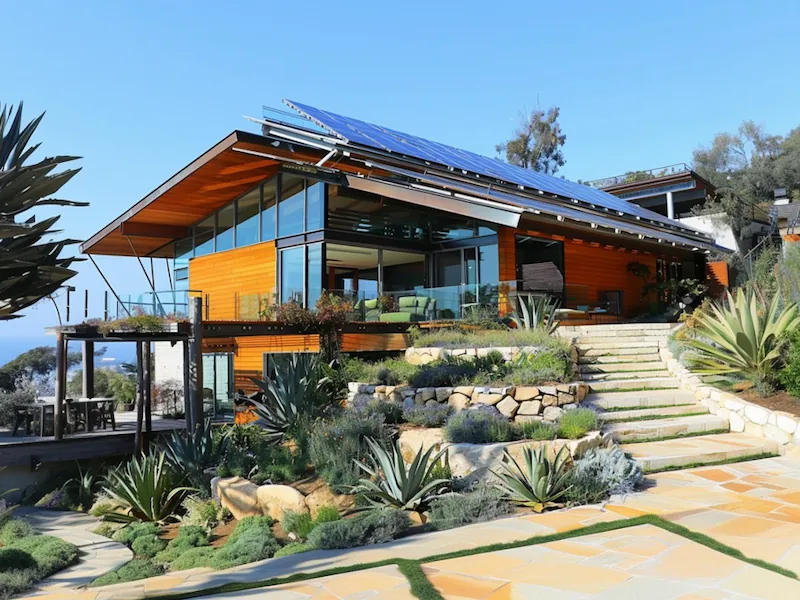 Luxurious modern home with solar panels for a section on energy efficiency credits in California.