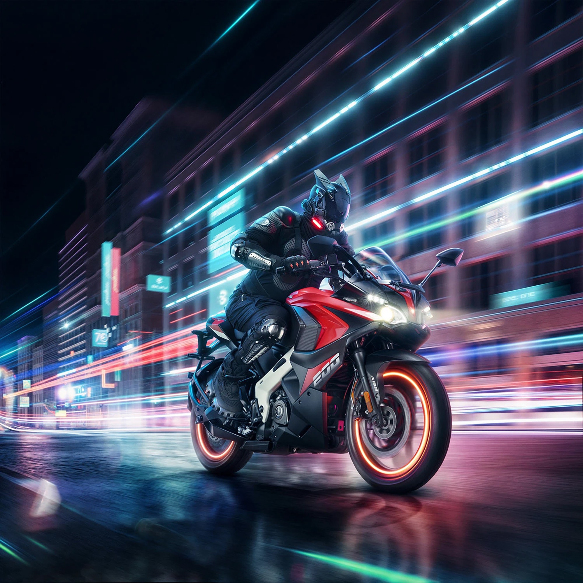 Bajaj Pulsar RS200 riding through neon-lit city streets, CGI composite automotive photography