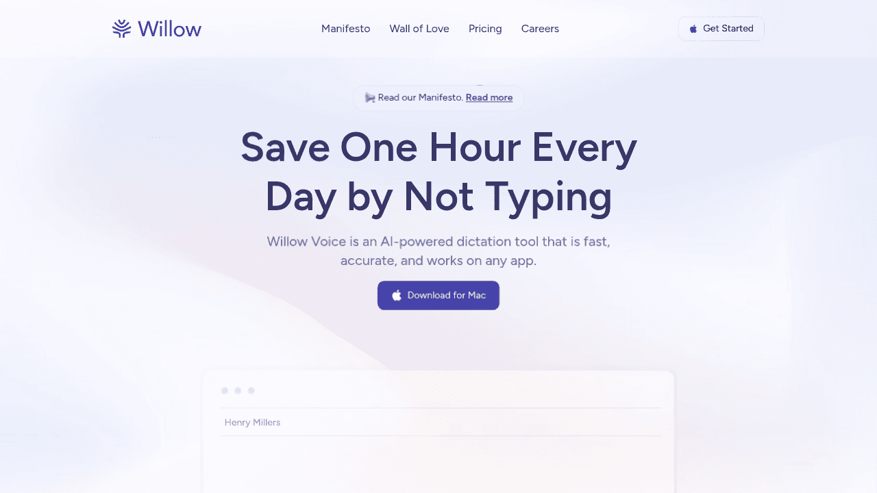 Willow voice dictation software homepage showing AI-powered speech-to-text features for Mac applications and universal compatibility