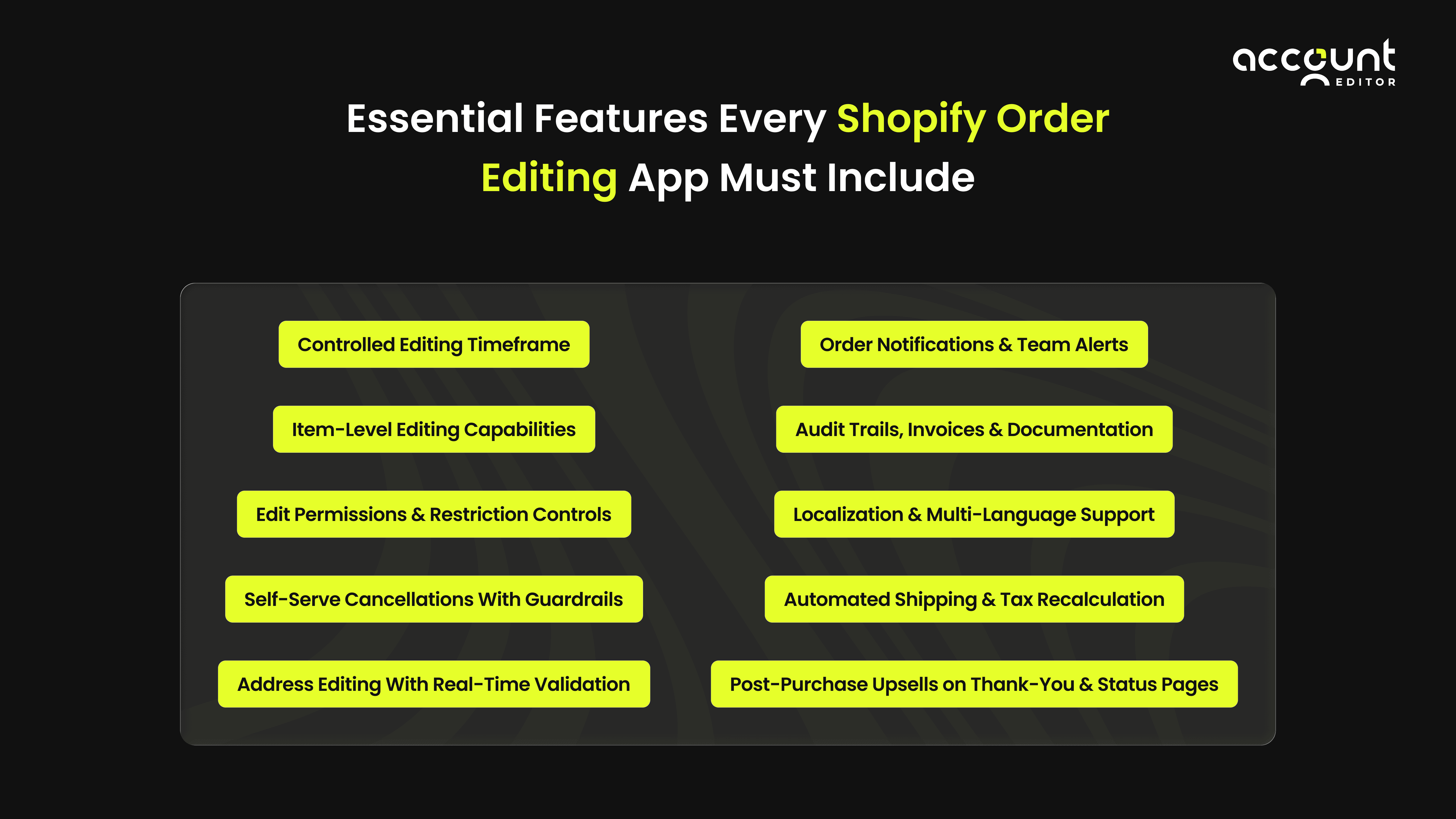 Image highlights essential features every Shopify order editing app must include