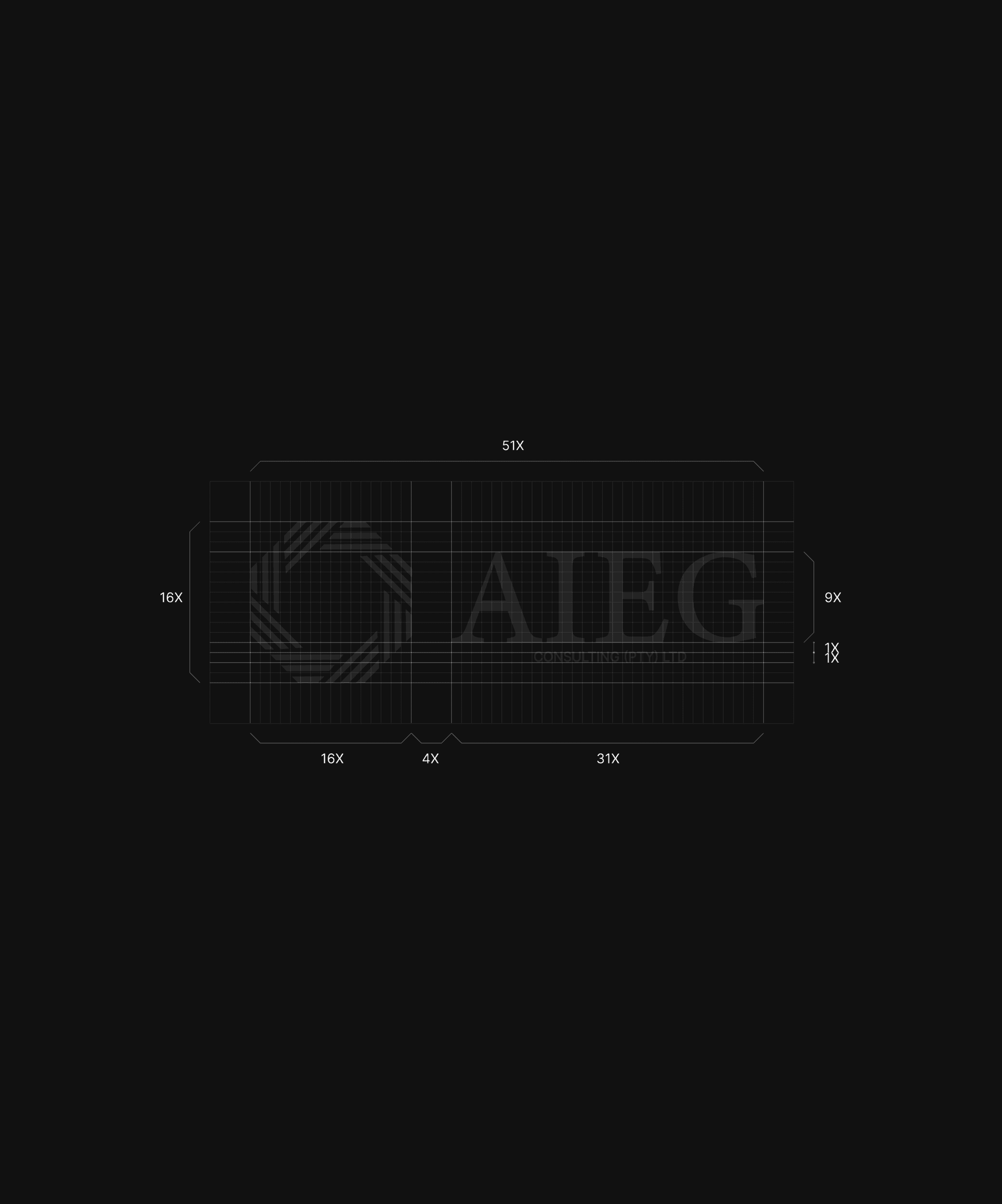 Technical schematic of the AIEG logo with precise measurements on a black background