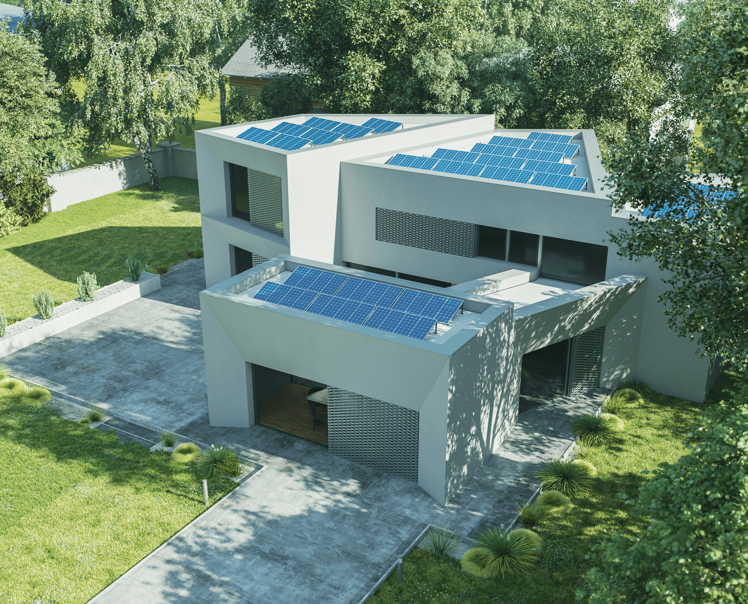 Modern house with solar panels on the roof
