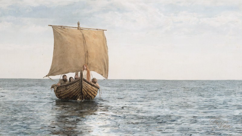 Sacred artwork by Faith and Verse. © Faith and Verse, 2025. All rights reserved. A seventh-century wooden sailing vessel with raised sail crossing grey waters—Dymphna's flight from Ireland to the Continent with Gerebernus her confessor, carrying the Church's authority and Christian clarity away from her father's disordered pursuit.