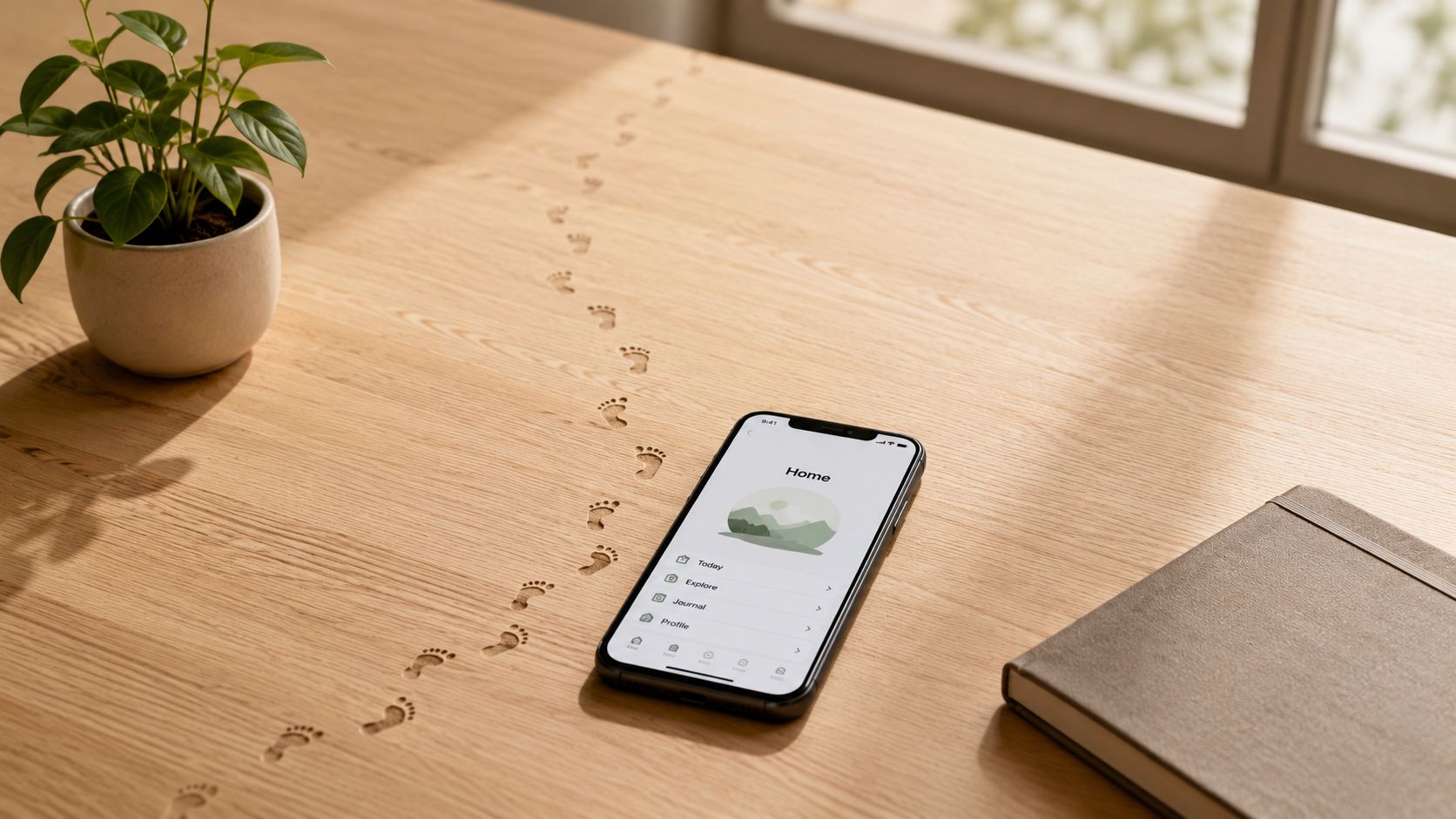 A smartphone resting on a wooden desk with a trail of footprints leading to the screen display.