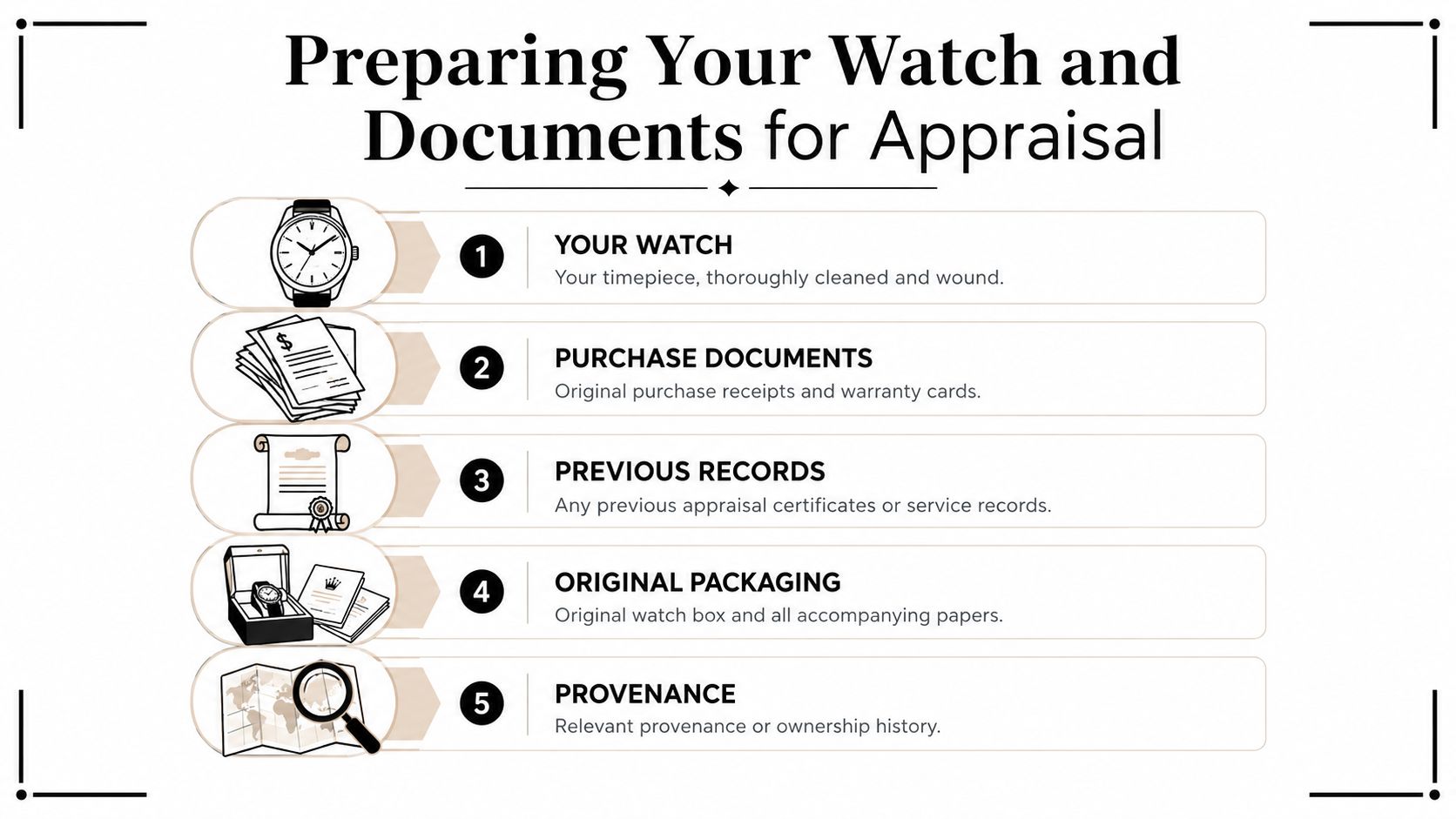 A step-by-step checklist infographic for preparing a luxury watch and its documentation for an official professional appraisal.