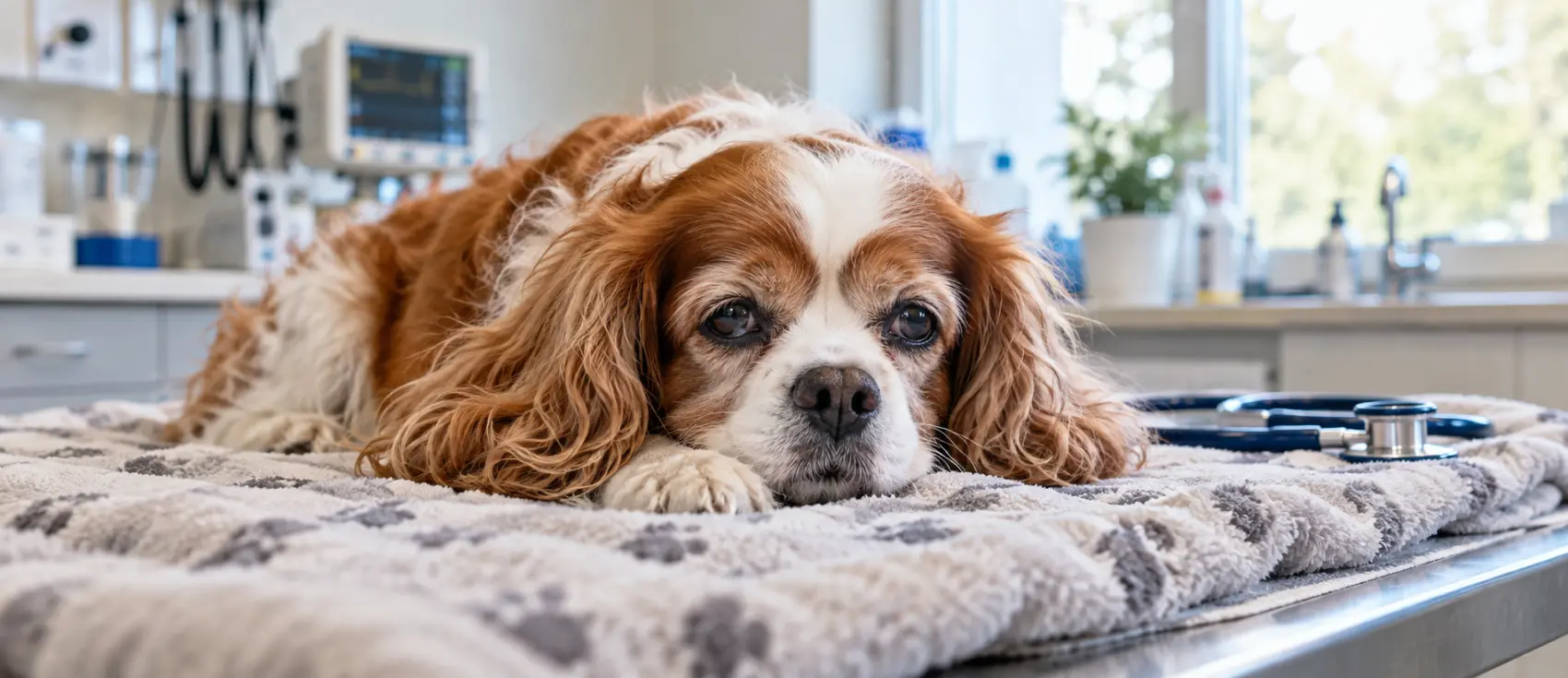 Cavalier King Charles spaniel resting on a paw-print blanket beside a stethoscope.