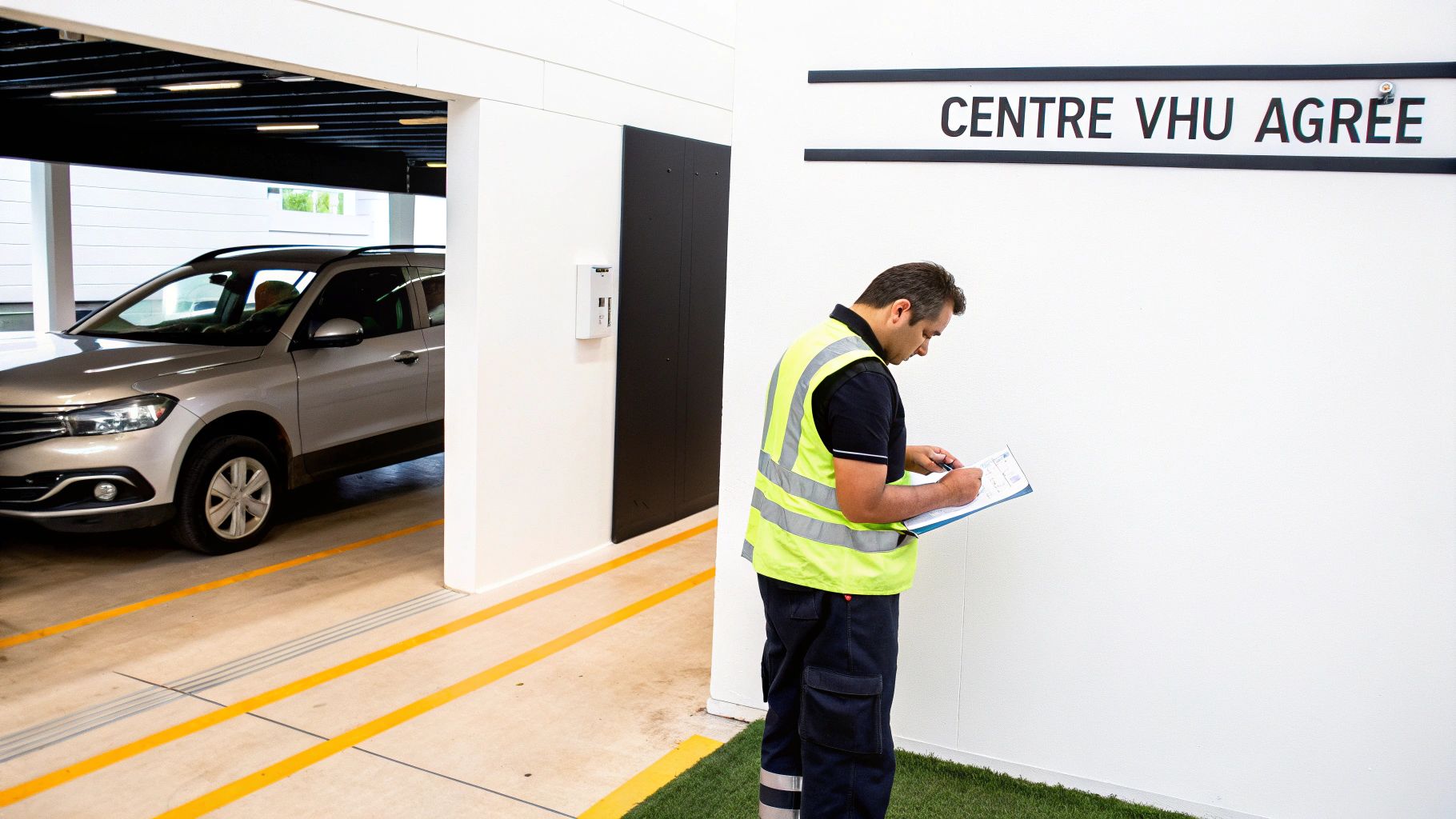 Un homme en gilet de sécurité écrit sur un presse-papiers devant le panneau 