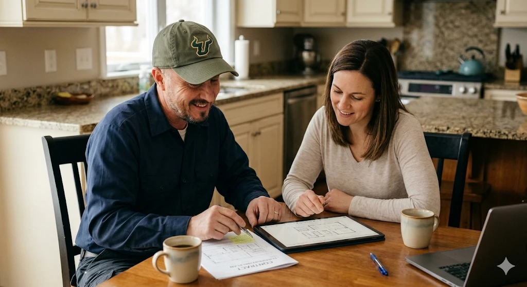 John Sitting across from a homeowner at a kitchen table, reviewing a printed or tablet document together. Both looking engaged, not pressured.