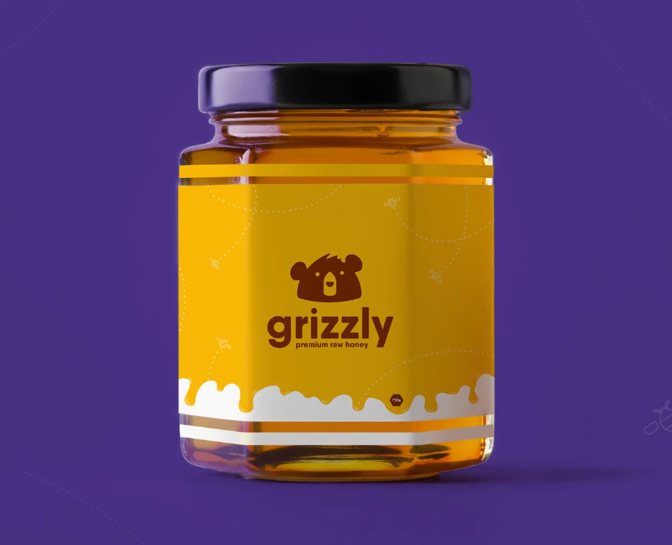 Professional brand color system for Grizzly Honey by Made by Campfire, featuring high-contrast yellow, white, and purple logo variants for premium food packaging.