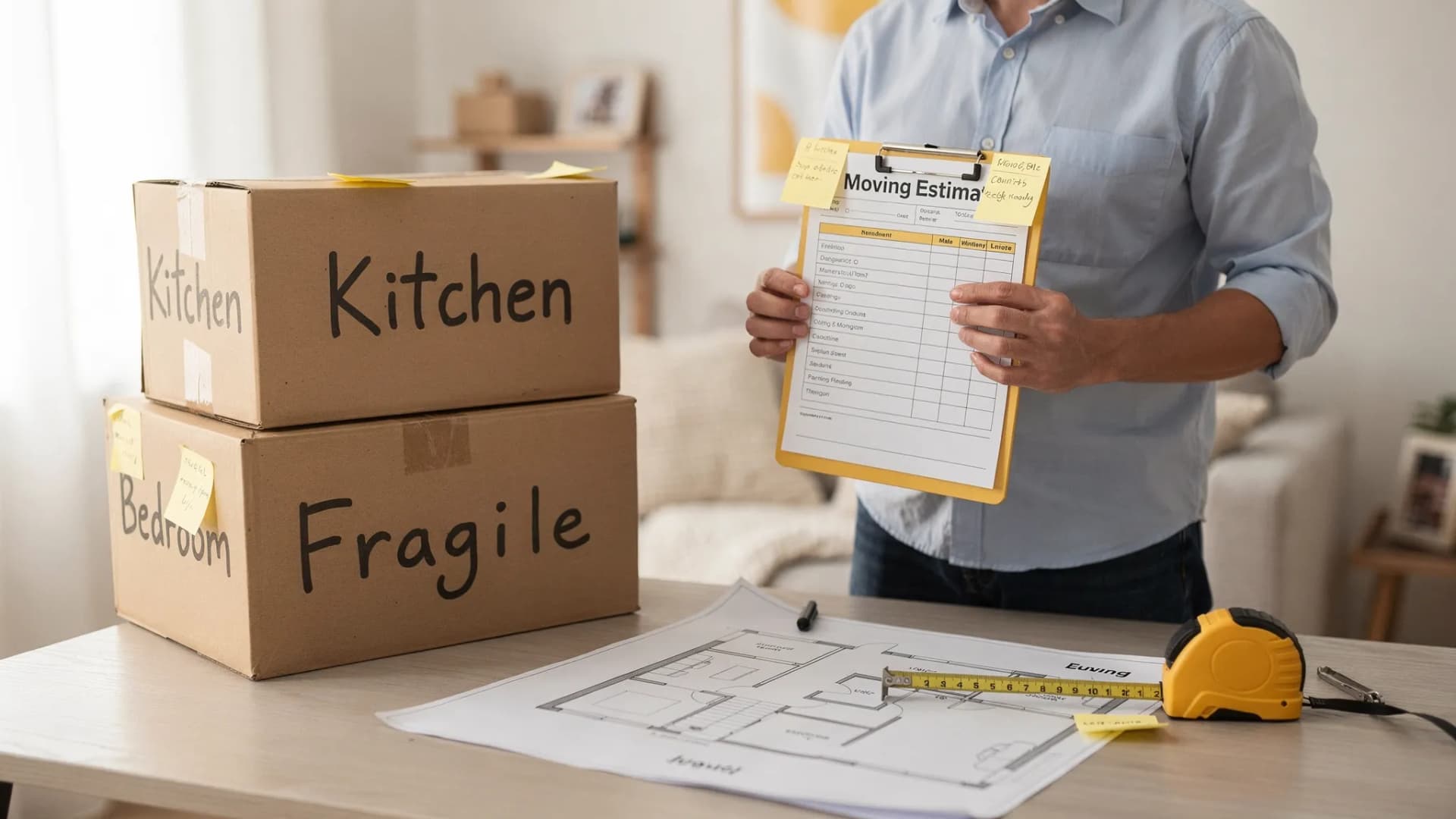 A moving estimator reviewing an itemized quote checklist on a clipboard next to labeled moving boxes, with a tape measure and a simple floor plan sketch on a table.