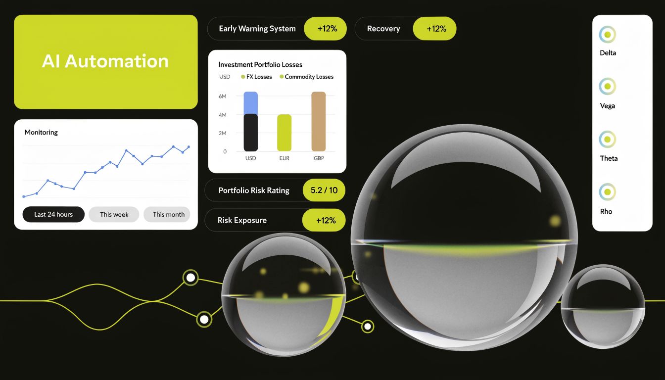 A digital dashboard displaying financial data, portfolio risk ratings, and AI automation metrics for business analytics.