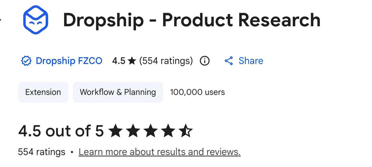 Dropship - Product Research Chrome Web Store listing with a 4.5-star rating and 100,000+ users.