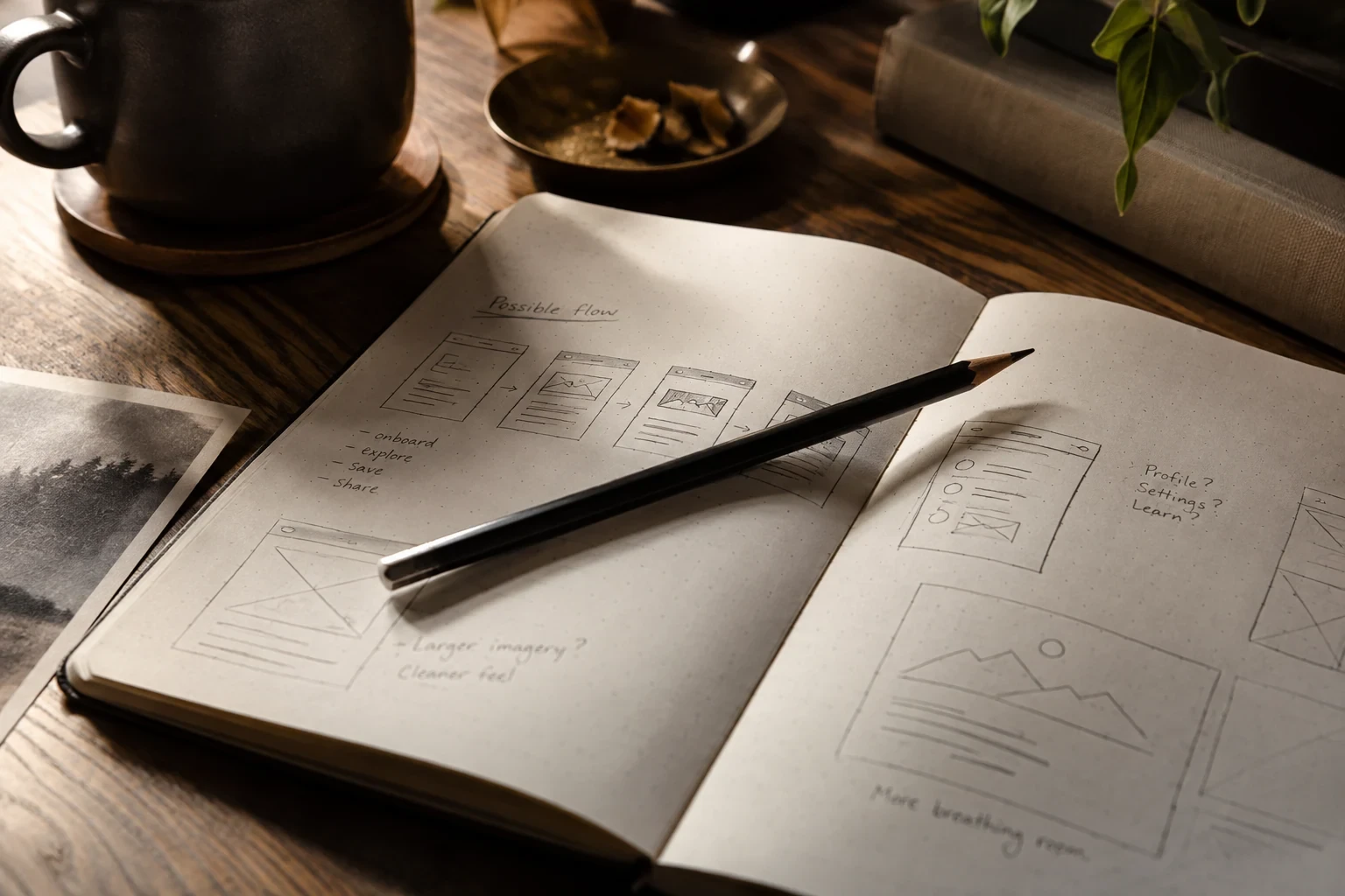 Close-up of a sharpened pencil resting across an open dotted notebook containing loose interface sketches, warm light, no hands