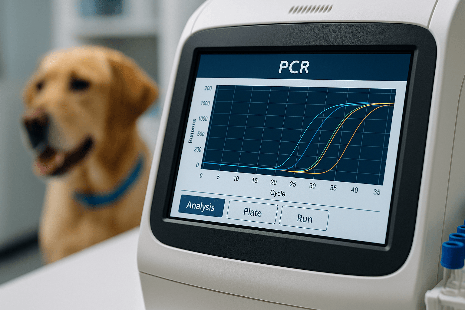 Gráficos de amplificação de DNA exibidos na tela de equipamento PCR em laboratório veterinário.