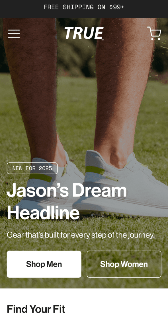 Mobile homepage hero for True Linkswear featuring golf footwear and CTA buttons