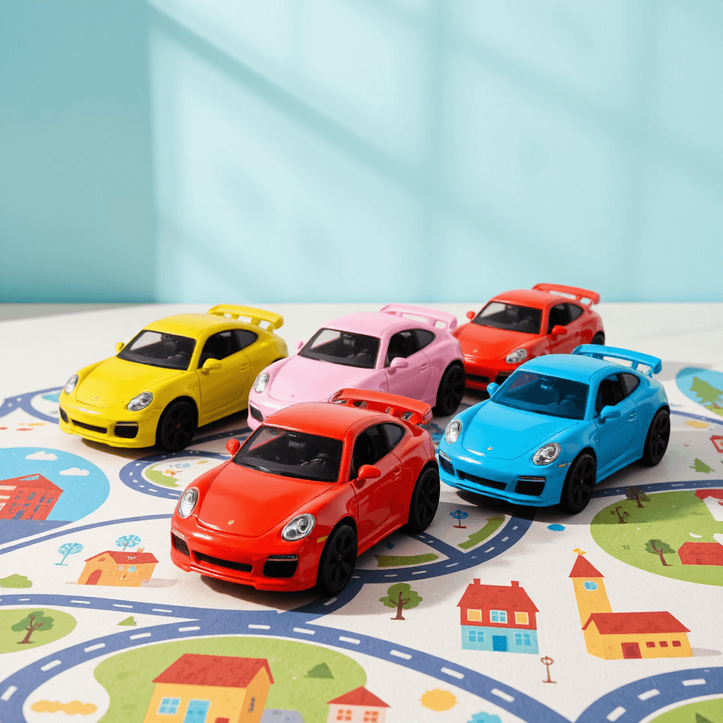 product photography of set of toy cars with cartoon characters
