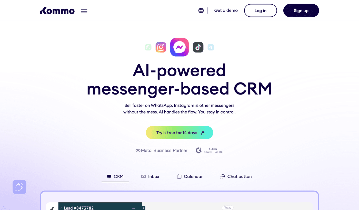 Kommo landing page: AI-powered messenger-based CRM for WhatsApp, Instagram and other messengers, no LinkedIn