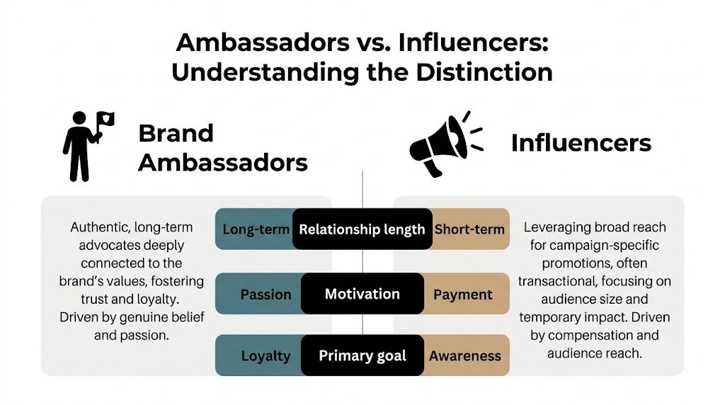 A comparison chart outlining the key differences between brand ambassadors and influencers regarding motivation and goals.