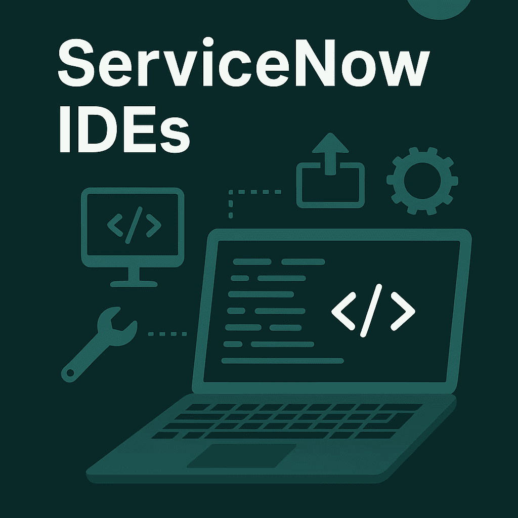 “Graphic showing the title ‘ServiceNow IDEs’ with illustrated icons of a laptop displaying code, a monitor, a wrench, an upload symbol, and a gear, representing development tools for ServiceNow