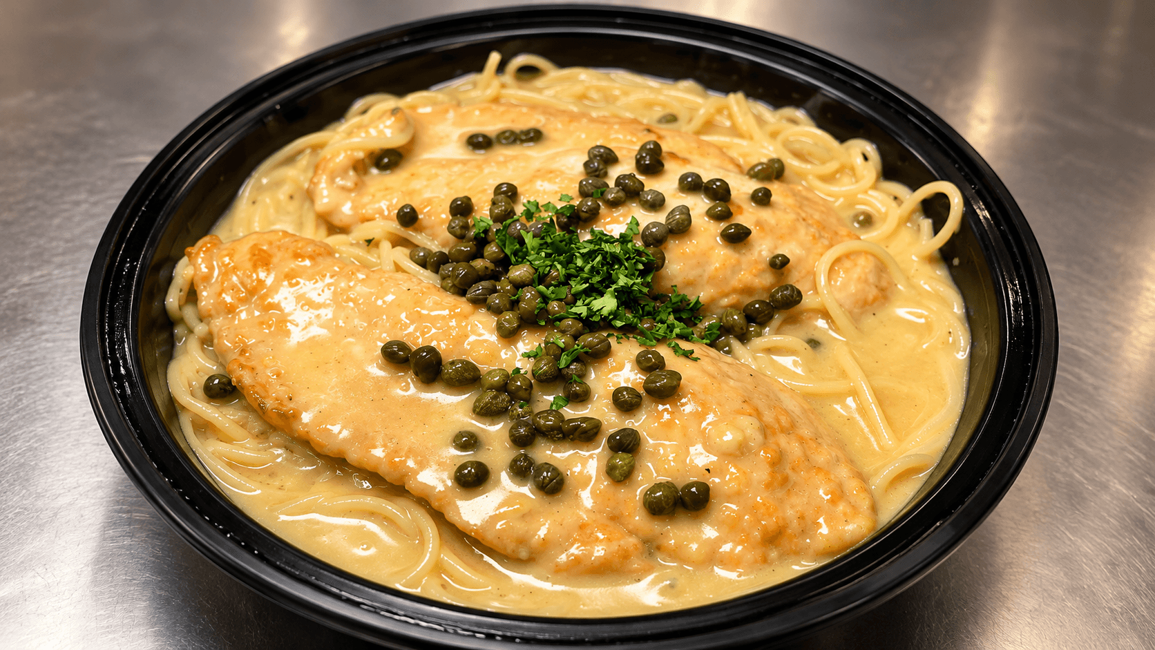 Chicken Piccata with capers over linguine